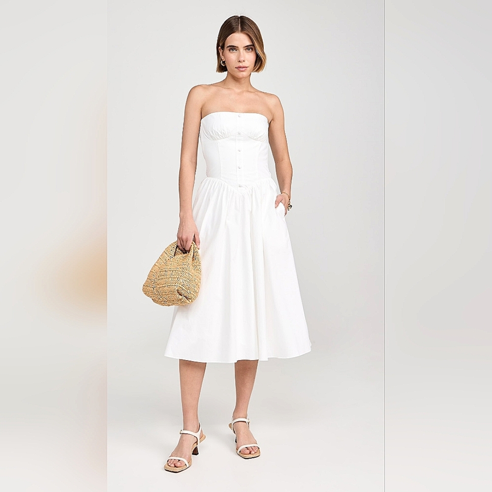 NEW Amanda Uprichard White Cotton Strapless Holland Midi Dress — Size Small - Picture 6 of 13